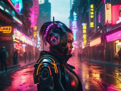 1girl,solo,breasts,short hair,black hair,jacket,upper body,outdoors,solo focus,dark skin,blurry,from side,dark-skinned female,lips,makeup,blurry background,headphones,lipstick,building,science fiction,city,nose,cyborg,very dark skin,cyberpunk,dreadlocks,neon lights,hologram,medium breasts,purple eyes,night,glowing,scenery,eyeshadow,rain,road,street,crowd,neon trim,city lights