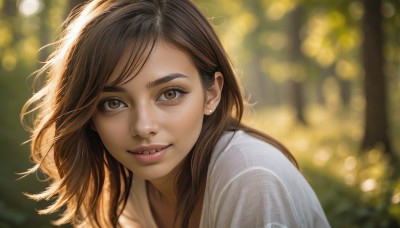 1girl,solo,long hair,looking at viewer,smile,bangs,brown hair,shirt,brown eyes,jewelry,white shirt,upper body,earrings,outdoors,parted lips,teeth,day,blurry,tree,lips,eyelashes,depth of field,blurry background,sunlight,portrait,freckles,realistic,nose,stud earrings,bokeh,thick eyebrows,messy hair,nature,close-up