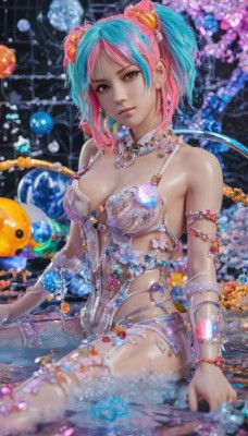 1girl,solo,breasts,looking at viewer,short hair,bangs,hair ornament,cleavage,bare shoulders,twintails,brown eyes,jewelry,medium breasts,sitting,blue hair,pink hair,flower,multicolored hair,earrings,parted lips,water,necklace,blurry,bracelet,two-tone hair,lips,aqua hair,detached collar,garter straps,lingerie,revealing clothes,armlet,realistic,nose,blue eyes,thighhighs,navel,closed mouth,underwear,heart,artist name,head tilt,see-through,parted bangs,watermark,wariza,web address,partially submerged