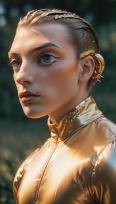 1girl,solo,short hair,blonde hair,brown hair,hair ornament,jewelry,upper body,earrings,parted lips,teeth,hair bun,blurry,lips,grey eyes,eyelashes,blurry background,single hair bun,looking up,portrait,freckles,realistic,nose,very short hair,green eyes,jacket,grey hair,artist name,bodysuit,looking away,sunlight,science fiction,looking afar,undercut,gold