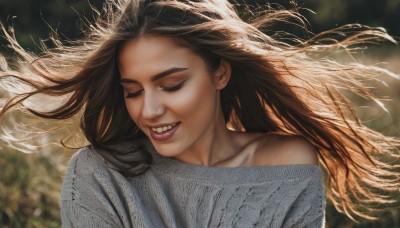 1girl,solo,long hair,smile,open mouth,brown hair,shirt,bare shoulders,collarbone,closed eyes,upper body,multicolored hair,parted lips,teeth,off shoulder,grin,blurry,sweater,lips,floating hair,blurry background,wind,facing viewer,realistic,nose,outdoors,day,eyelashes,makeup,depth of field,lipstick,messy hair