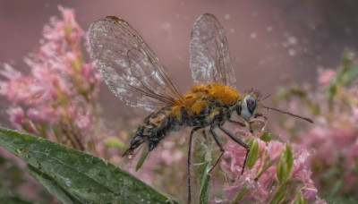 flower, outdoors, wings, blurry, no humans, depth of field, animal, bug, butterfly, pink flower, flying, realistic, antennae