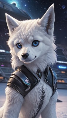 solo,looking at viewer,smile,blue eyes,upper body,outdoors,sky,artist name,signature,armor,blurry,no humans,night,animal,star (sky),night sky,starry sky,freckles,realistic,space,animal focus,white fur,wolf,closed mouth,moon,building,gem,full moon