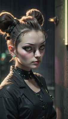 1girl,solo,breasts,looking at viewer,short hair,hair ornament,jewelry,green eyes,jacket,yellow eyes,upper body,earrings,parted lips,choker,artist name,necklace,hair bun,blurry,collar,lips,black jacket,black shirt,eyelashes,double bun,makeup,depth of field,blurry background,forehead,freckles,realistic,nose,red lips,leather,leather jacket,mascara,shirt,black hair,brown eyes,closed mouth,small breasts,outdoors,open jacket,piercing,eyeliner