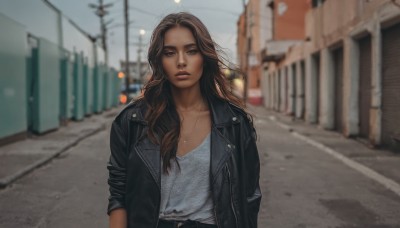 1girl,solo,long hair,looking at viewer,brown hair,shirt,brown eyes,jewelry,jacket,white shirt,upper body,outdoors,parted lips,open clothes,day,dark skin,necklace,blurry,open jacket,dark-skinned female,lips,black jacket,dutch angle,depth of field,blurry background,denim,realistic,road,leather,street,leather jacket,photo background,denim jacket,collarbone,belt,pants,mole,wind,building,motor vehicle,buckle,sleeves rolled up,jeans,belt buckle,sleeves pushed up