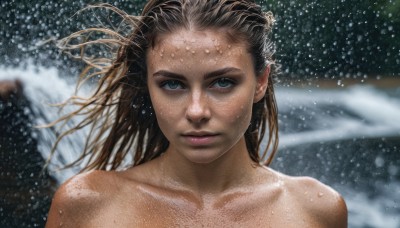 1girl,solo,long hair,looking at viewer,blue eyes,brown hair,bare shoulders,closed mouth,collarbone,upper body,nude,outdoors,water,blurry,lips,wet,floating hair,blurry background,wind,portrait,snow,snowing,realistic,nose,wet hair,winter,green eyes,sweat,messy hair,dirty