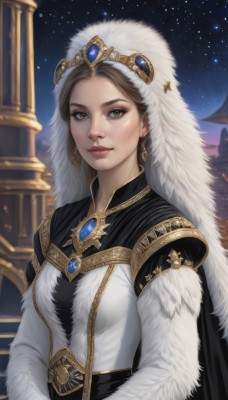 1girl,solo,breasts,looking at viewer,smile,brown hair,long sleeves,dress,brown eyes,jewelry,closed mouth,upper body,earrings,outdoors,sky,cape,lips,fur trim,makeup,night,lipstick,brooch,gem,star (sky),night sky,starry sky,gold trim,nose,red lips,long hair,hat,medium breasts,artist name,white dress,veil,realistic,pillar,column