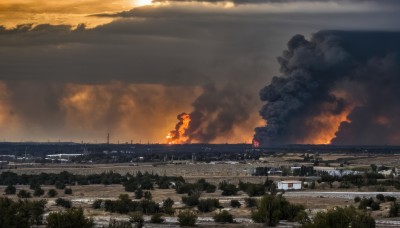 outdoors,sky,cloud,water,tree,no humans,ocean,fire,building,nature,scenery,smoke,city,explosion,river,landscape,burning,night,watermark,cloudy sky,grass,ground vehicle,motor vehicle,horizon,military vehicle