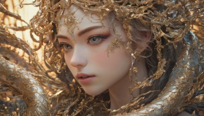 1girl,solo,long hair,looking at viewer,brown hair,hair ornament,jewelry,earrings,parted lips,artist name,blurry,lips,grey eyes,eyelashes,blurry background,portrait,close-up,freckles,circlet,realistic,gold,head chain,blue eyes,black hair,makeup,chain,nose