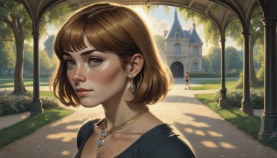 1girl,solo,looking at viewer,short hair,bangs,blue eyes,multiple girls,brown hair,shirt,dress,2girls,jewelry,collarbone,upper body,earrings,outdoors,parted lips,sky,day,artist name,necklace,tree,lips,grey eyes,shadow,sunlight,bob cut,grass,building,portrait,scenery,pendant,freckles,realistic,nose,road,bush,house,closed mouth,standing,cloud,black shirt,eyelashes,gem,shade