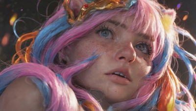 1girl,solo,long hair,looking at viewer,open mouth,bangs,blue eyes,hair ornament,blue hair,pink hair,multicolored hair,parted lips,teeth,artist name,blurry,two-tone hair,lips,eyelashes,tiara,portrait,freckles,realistic,nose,animal ears,green eyes,orange hair,saliva,gradient hair,fangs,looking up,close-up,biting