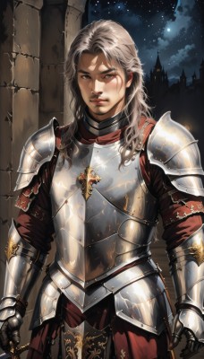 1girl,solo,long hair,looking at viewer,1boy,holding,brown eyes,standing,weapon,grey hair,male focus,cowboy shot,outdoors,sky,sword,cloud,holding weapon,armor,lips,night,scar,facial mark,holding sword,shoulder armor,gauntlets,star (sky),night sky,scar on face,starry sky,pauldrons,breastplate,realistic,scar across eye,faulds,castle,knight,plate armor,closed mouth,white hair,belt,grey eyes,moon,cross,chainmail