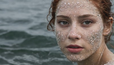 1girl,solo,looking at viewer,brown hair,brown eyes,outdoors,parted lips,teeth,water,blurry,lips,wet,blurry background,ocean,beach,portrait,realistic,waves,short hair,eyelashes,close-up