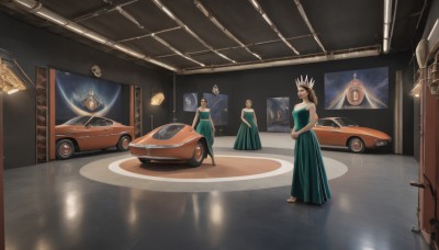 1girl,long hair,multiple girls,brown hair,black hair,dress,bare shoulders,standing,indoors,3girls,blue dress,tiara,crown,ground vehicle,motor vehicle,reflection,green dress,mirror,long dress,car,wide shot,vehicle focus,aqua dress,different reflection,blonde hair,1boy,2girls,multiple boys,formal,scenery