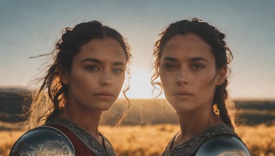 long hair,looking at viewer,multiple girls,brown hair,black hair,2girls,brown eyes,closed mouth,upper body,braid,outdoors,sky,day,armor,mole,blurry,black eyes,lips,depth of field,blurry background,siblings,sisters,messy hair,portrait,freckles,curly hair,realistic,nose,field,1girl,dark skin,dark-skinned female,ocean,expressionless,sunlight,forehead,backlighting,sunset,sunrise