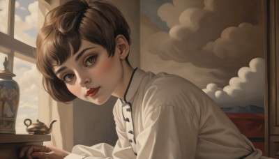 1girl,solo,looking at viewer,blush,short hair,bangs,brown hair,shirt,long sleeves,brown eyes,closed mouth,white shirt,upper body,sky,day,cloud,indoors,blue sky,lips,window,makeup,chinese clothes,cloudy sky,lipstick,curtains,red nails,red lips,teapot,realistic