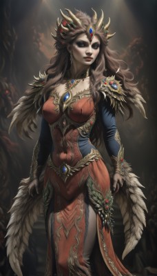 1girl,solo,long hair,breasts,looking at viewer,large breasts,brown hair,hair ornament,long sleeves,dress,cleavage,brown eyes,jewelry,medium breasts,closed mouth,standing,earrings,signature,necklace,nail polish,armor,black eyes,lips,makeup,glowing,red dress,tiara,feathers,crown,lipstick,shoulder armor,gem,pale skin,red lips,gorget,covered navel,ring,headdress