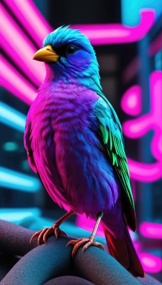 solo,blue eyes,standing,outdoors,blurry,pokemon (creature),no humans,night,blurry background,bird,animal,feathers,claws,animal focus,talons,beak,neon lights,looking at viewer,closed mouth,full body,watermark,blue feathers,parrot