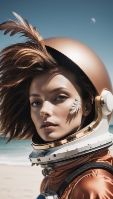 1girl,solo,looking at viewer,short hair,brown hair,brown eyes,upper body,outdoors,parted lips,sky,day,signature,blurry,lips,floating hair,blurry background,facial mark,beach,helmet,feathers,wind,portrait,science fiction,realistic,nose,sand,spacesuit,desert,space helmet,astronaut,from side,blue sky,moon,dirty