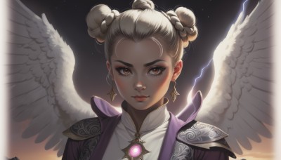 1girl,solo,looking at viewer,short hair,blonde hair,brown eyes,jewelry,closed mouth,upper body,braid,earrings,wings,artist name,hair bun,armor,lips,double bun,makeup,shoulder armor,portrait,feathered wings,forehead,angel wings,white wings,red lips,braided bun,official alternate costume,gem,eyeshadow,backlighting,lightning