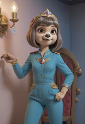 1girl,solo,looking at viewer,smile,short hair,open mouth,bangs,brown hair,shirt,long sleeves,animal ears,brown eyes,jewelry,standing,cowboy shot,pants,indoors,hand up,uniform,bracelet,hand on hip,military,military uniform,chair,tiara,crown,blue shirt,blue jacket,gem,furry,epaulettes,furry female,blue pants,candle,badge,blue gemstone,sitting,teeth,artist name,buttons,fire,dog ears,dog,dog girl,throne,candlestand