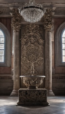 day,indoors,no humans,window,sunlight,scenery,stairs,door,architecture,pillar,statue,church,arch,column,tiles,tile floor,still life,chandelier