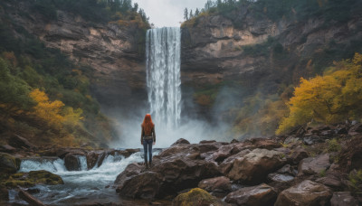 1girl, solo, long hair, standing, outdoors, day, water, from behind, orange hair, tree, nature, scenery, forest, river, waterfall