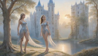 long hair,breasts,blue eyes,multiple girls,blonde hair,brown hair,dress,2girls,cleavage,bare shoulders,brown eyes,medium breasts,standing,outdoors,sky,barefoot,signature,water,high heels,tree,lips,see-through,bare legs,strapless,blue dress,bird,grass,building,scenery,reflection,realistic,arms at sides,river,castle,tower,lake,sunlight