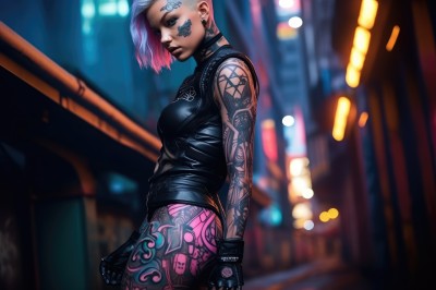 1girl,solo,breasts,looking at viewer,short hair,blue eyes,gloves,jewelry,medium breasts,closed mouth,blue hair,standing,pink hair,ass,multicolored hair,cowboy shot,earrings,small breasts,outdoors,sleeveless,choker,black gloves,pants,fingerless gloves,blurry,from side,two-tone hair,lips,tattoo,makeup,night,blurry background,piercing,ear piercing,eyeshadow,nose,arm tattoo,leather,undercut,facial tattoo,mohawk,cyberpunk,neck tattoo,nose piercing,shirt,collar,black shirt,black choker,lipstick,very short hair