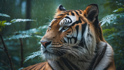 solo, closed mouth, yellow eyes, outdoors, blurry, no humans, blurry background, animal, nature, rain, realistic, animal focus, whiskers, tiger, year of the tiger