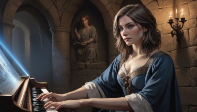 1girl,long hair,breasts,blue eyes,multiple girls,brown hair,dress,2girls,cleavage,jewelry,medium breasts,sitting,earrings,indoors,wide sleeves,medium hair,lips,instrument,robe,stairs,music,candle,playing instrument,statue,piano,solo,solo focus,blue dress,wavy hair,realistic,nose