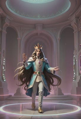 solo,long hair,brown hair,black hair,long sleeves,1boy,jewelry,very long hair,standing,full body,closed eyes,male focus,boots,belt,pants,artist name,indoors,necklace,armor,watermark,brown footwear,crown,gem,walking,blonde hair,cape,web address