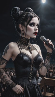 1girl,breasts,black hair,hair ornament,dress,holding,cleavage,bare shoulders,jewelry,medium breasts,earrings,outdoors,parted lips,detached sleeves,multiple boys,sky,sleeveless,solo focus,necklace,hair bun,nail polish,black eyes,black dress,lips,fingernails,double bun,tattoo,makeup,night,sleeveless dress,moon,ring,lipstick,pale skin,lace trim,microphone,lace,red nails,full moon,eyeshadow,realistic,music,red lips,arm tattoo,holding microphone,singing,crowd,gothic,black lips,multiple girls,brown eyes,small breasts,teeth,brooch,gem,black nails,spotlight,flower tattoo