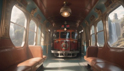 sky,day,cloud,indoors,water,no humans,window,sunlight,ground vehicle,scenery,motor vehicle,reflection,mountain,waterfall,train,seat,blurry,tree,blue sky,shadow,pov