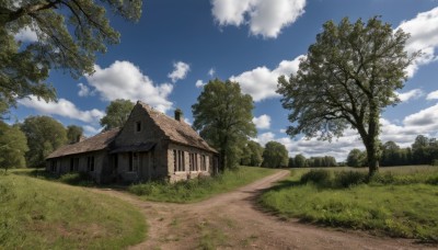 outdoors,sky,day,cloud,tree,blue sky,no humans,window,cloudy sky,grass,building,nature,scenery,forest,road,bush,house,path,plant,door,field