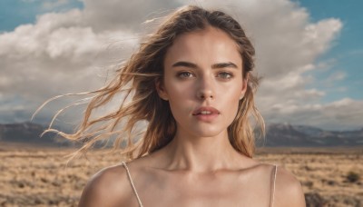 1girl,solo,long hair,looking at viewer,blue eyes,brown hair,bare shoulders,brown eyes,collarbone,upper body,outdoors,parted lips,sky,teeth,day,cloud,blurry,blue sky,lips,floating hair,depth of field,blurry background,cloudy sky,wind,portrait,freckles,realistic,nose,spaghetti strap,field,flower field