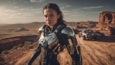 1girl,solo,long hair,looking at viewer,brown hair,black hair,brown eyes,upper body,outdoors,sky,cloud,medium hair,armor,lips,bodysuit,cloudy sky,ground vehicle,motor vehicle,science fiction,mountain,realistic,car,power armor,desert,robot,sand,dirty