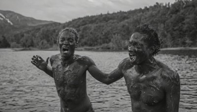 open mouth,monochrome,upper body,greyscale,male focus,outdoors,multiple boys,teeth,dark skin,2boys,water,looking at another,parody,realistic,photo background,horror (theme),fine art parody,afro,short hair,blurry,tree,blood,blurry background,dark-skinned male,topless male