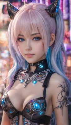 1girl,solo,long hair,breasts,looking at viewer,bangs,blue eyes,hair ornament,cleavage,bare shoulders,twintails,jewelry,medium breasts,closed mouth,blue hair,upper body,pink hair,white hair,multicolored hair,choker,artist name,mole,blurry,two-tone hair,two side up,lips,eyelashes,mole under eye,tattoo,gradient hair,blurry background,headgear,science fiction,realistic,nose,animal ears,underwear,sidelocks,small breasts,outdoors,bra,armor,makeup,depth of field,fake animal ears,glowing,lipstick,black bra,gem,eyeshadow,pink lips,arms at sides,eyeliner,arm tattoo,bikini armor,bokeh,mascara