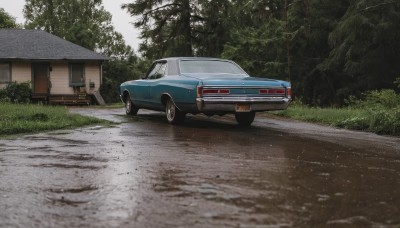 outdoors,day,tree,no humans,grass,ground vehicle,building,nature,scenery,motor vehicle,forest,car,road,bush,house,vehicle focus,wheel,sky,window,shadow