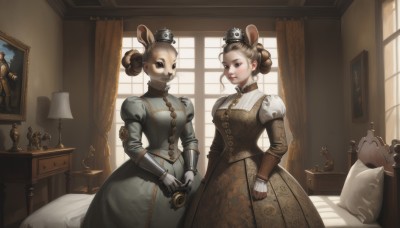 breasts,looking at viewer,smile,blue eyes,multiple girls,brown hair,gloves,long sleeves,dress,2girls,animal ears,standing,braid,puffy sleeves,indoors,hair bun,armor,pillow,window,double bun,bed,crown,curtains,juliet sleeves,gauntlets,furry,mouse ears,lamp,painting (object),portrait (object),hair ornament,brown eyes,jewelry,earrings,sunlight,tiara,corset,clock,brown dress,bedroom,princess