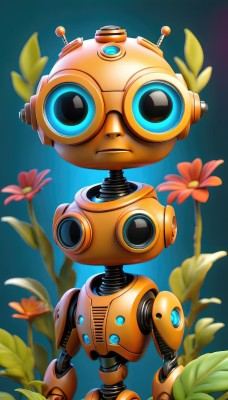 solo,looking at viewer,blue eyes,closed mouth,standing,full body,flower,blurry,no humans,leaf,blue background,plant,robot,red flower,mecha,science fiction,straight-on,robot joints,humanoid robot,non-humanoid robot,mechanization,frown,joints