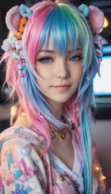 1girl,solo,long hair,looking at viewer,smile,bangs,blue eyes,hair ornament,animal ears,jewelry,closed mouth,blue hair,upper body,pink hair,multicolored hair,japanese clothes,artist name,kimono,necklace,blurry,two-tone hair,lips,eyelashes,aqua hair,gradient hair,makeup,depth of field,blurry background,fake animal ears,floral print,portrait,eyeshadow,freckles,realistic,nose,mascara,green hair,animal print,bear ears,fish print