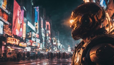 outdoors,sky,solo focus,blurry,night,glowing,helmet,robot,ground vehicle,building,scenery,mecha,motor vehicle,science fiction,city,realistic,light,cityscape,multiple others,skyscraper,crowd,city lights,lights,cyberpunk,people,1boy,male focus,multiple boys,cloud,from side,night sky,6+boys,road,street,neon lights,crosswalk