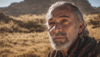 solo,looking at viewer,short hair,blue eyes,1boy,closed mouth,upper body,white hair,grey hair,male focus,outdoors,day,armor,blurry,blurry background,facial hair,scar,portrait,beard,scar on face,mature male,realistic,mustache,manly,old,old man,wrinkled skin,sky,mole,lips,grey eyes,sunlight,mountain,scar across eye