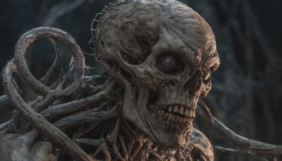 solo,looking at viewer,open mouth,holding,upper body,teeth,blurry,no humans,blurry background,portrait,1other,skull,monster,cable,skeleton,bone,alien,horror (theme),tentacles,realistic