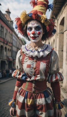 1girl,solo,looking at viewer,smile,short hair,shirt,black hair,long sleeves,hat,closed mouth,standing,heart,cowboy shot,outdoors,frills,parted lips,sky,day,striped,puffy sleeves,pants,cloud,blurry,blue sky,puffy short sleeves,lips,makeup,buttons,depth of field,blurry background,facial mark,feathers,lipstick,building,red headwear,multicolored clothes,arms at sides,red lips,facepaint,hat feather,jester cap,neck ruff,striped pants,multicolored headwear,clown,breasts,brown hair,brown eyes