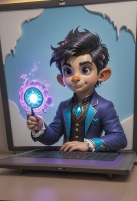 solo,smile,short hair,black hair,long sleeves,1boy,animal ears,jewelry,closed mouth,purple eyes,jacket,upper body,male focus,earrings,artist name,vest,fingernails,border,formal,blue jacket,brooch,gem,furry,magic,furry male,computer,monitor,laptop,mouse (computer),1girl,hair ornament,dark skin,mole,child,stud earrings,male child,very short hair,keyboard (computer)