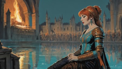 1girl,solo,long hair,breasts,brown hair,long sleeves,dress,jewelry,medium breasts,sitting,closed mouth,closed eyes,red hair,hairband,earrings,outdoors,sky,solo focus,artist name,water,hair bun,cape,orange hair,armor,from side,lips,profile,makeup,night,blue dress,watermark,single hair bun,fire,tiara,lipstick,building,web address,reflection,city,red lips,bridge,castle,crowd,hands on lap,smile,collarbone,braid,signature,ring,own hands together,shoulder armor,eyeshadow,pauldrons,fantasy,knight,full armor,army