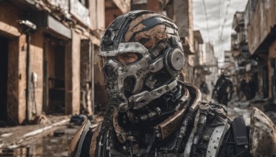 solo,1boy,upper body,male focus,outdoors,armor,blurry,no humans,mask,depth of field,blurry background,helmet,robot,building,portrait,1other,science fiction,city,realistic,ambiguous gender,day,military,soldier,cyberpunk